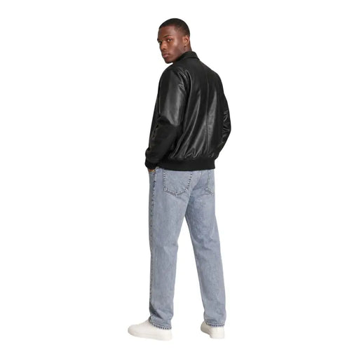 Calvin Klein Jeans men black leather bomber jacket with classic collar ribbed cuffs polyester size L