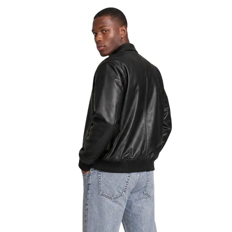 Schwarze Lederbomberjacke von Calvin Klein für Herren mit gerippten Bündchen und Saum, Größe L, Polyestergemisch