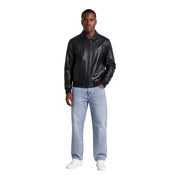 Schwarze Lederbomberjacke mit dezentem Logo auf der linken Brust, Calvin Klein Jeans Herren schwarzer Reißverschlussblazer Polyester Größe L