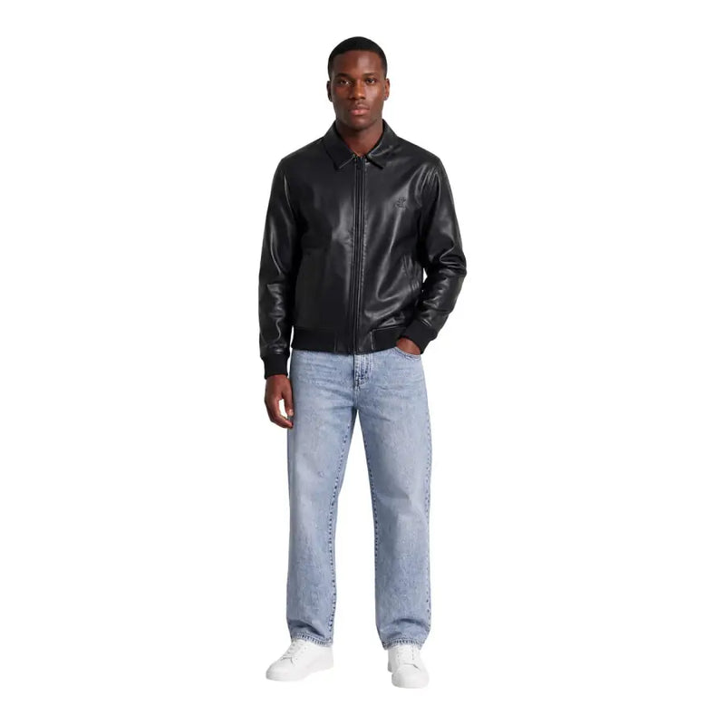 Schwarze Lederbomberjacke mit dezentem Logo auf der linken Brust, Calvin Klein Jeans Herren schwarzer Reißverschlussblazer Polyester Größe L