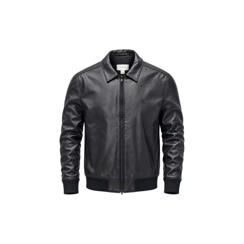 Calvin Klein Jeans Schwarze Herren-Bomberjacke aus Leder mit dezentem Logo auf der linken Brust, Polyester, Größe L