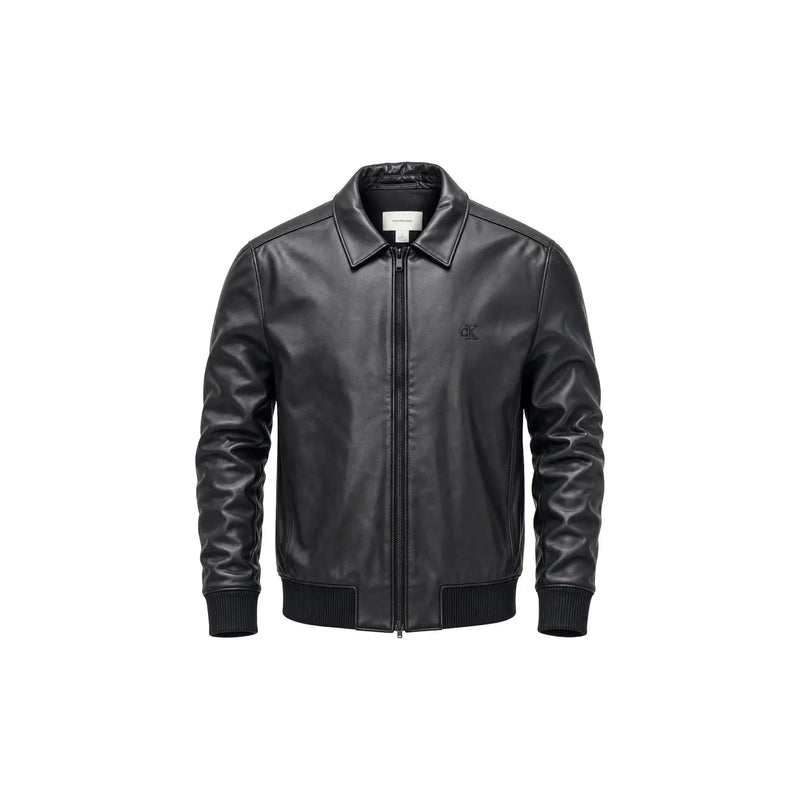 Calvin Klein Jeans men black leather bomber jacket with subtle logo on left chest polyester size L