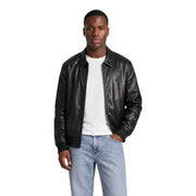 Schwarze Lederbomberjacke von Calvin Klein für Herren mit dezentem Logo auf der linken Brust und Reißverschluss aus Polyester, Größe L