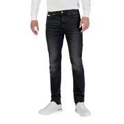 Calvin klein jeans men black slim fit cotton denim jeans with subtle fading classic stitching and belt loops