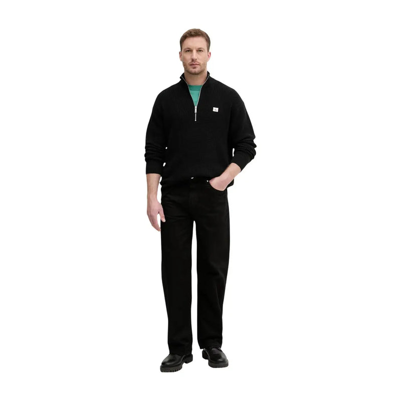 Calvin Klein Jeans men black cotton knitwear quarter-zip sweater with small white logo on the chest