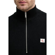 Calvin Klein Jeans men black cotton knitwear sweater with half-zip silver zipper and white logo patch on chest