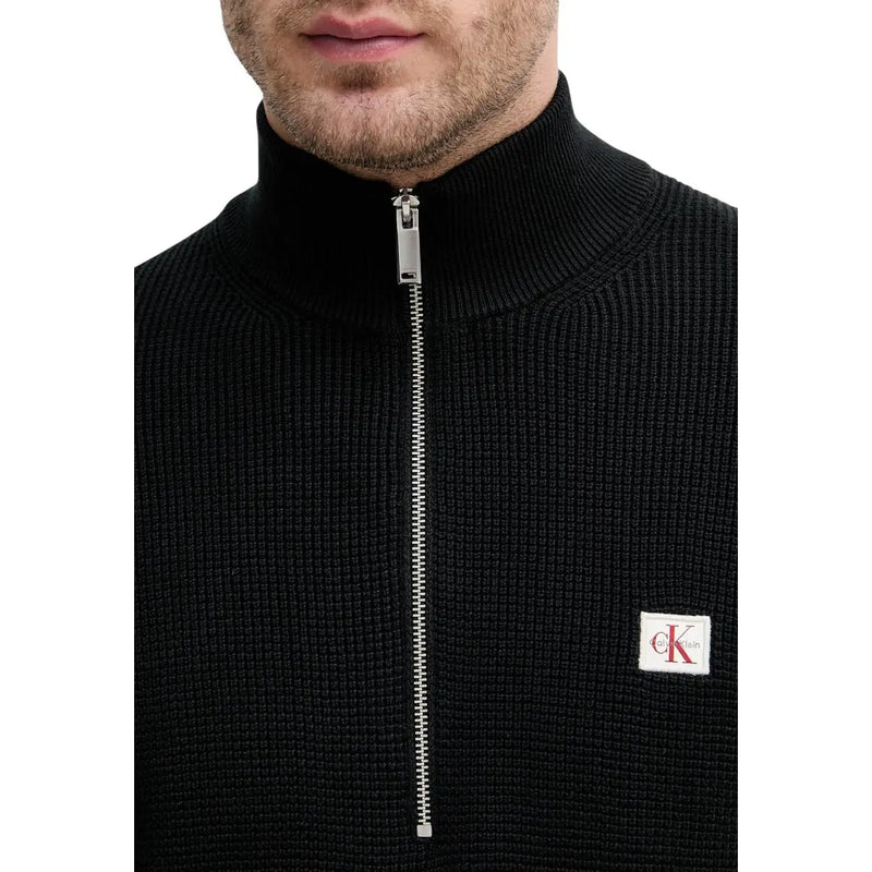 Calvin Klein Jeans men black cotton knitwear sweater with half-zip silver zipper and white logo patch on chest