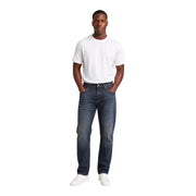 Calvin Klein Herren-Jeans aus blauem Baumwoll-Denim in dunkler Waschung mit klassischem geradem Bein und sichtbaren Ziernähten.