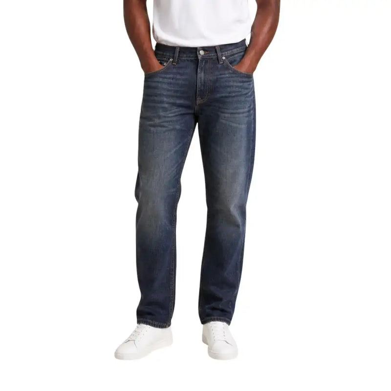 Calvin Klein Jeans Herren-Jeans aus blauem Baumwoll-Denim in dunkler Waschung mit klassischem geradem Bein und sichtbaren Ziernähten