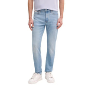 Back view of calvin klein men blue cotton denim jeans with light wash straight-leg cut and subtle fading