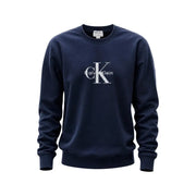 Marineblaues Calvin Klein Jeans Herren-Baumwoll-Sweatshirt mit Rundhalsausschnitt, weißem CK-Logo und Markennamen auf der Brust