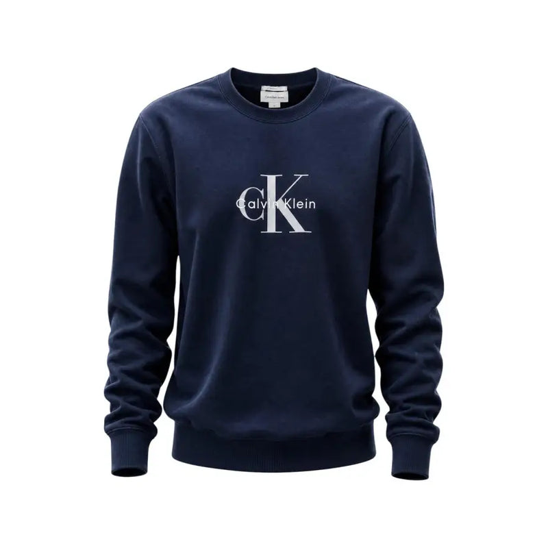 Marineblaues Calvin Klein Jeans Herren-Baumwoll-Sweatshirt mit Rundhalsausschnitt, weißem CK-Logo und Markennamen auf der Brust