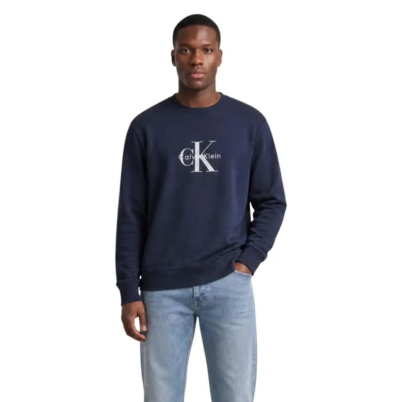 Marineblau Calvin Klein Jeans Herren-Baumwoll-Sweatshirt mit Rundhalsausschnitt und weißem CK-Logo auf der Brust