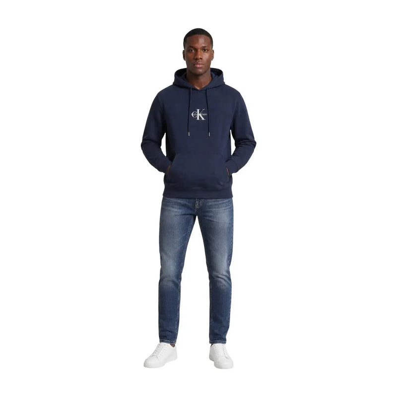 Calvin Klein Jeans Herren-Sweatshirt aus blauer Baumwolle mit marineblauer Kapuze und weißem Logo auf der Brust