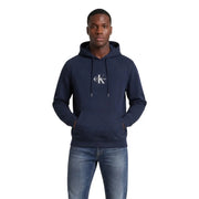 Marineblaues Calvin Klein Jeans Herren-Baumwoll-Sweatshirt mit weißem Logo und Kordelzug, Hoodie-Design (Vorderansicht)