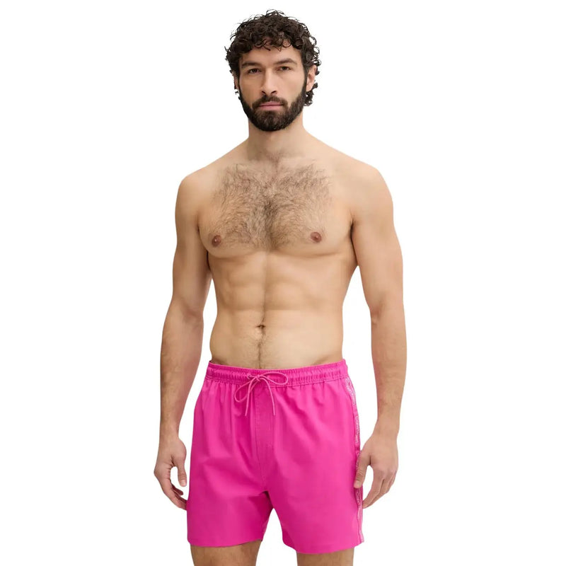 Calvin klein jeans men bright pink polyester swim trunks with drawstring waistband and subtle side stripes