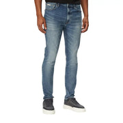 Rückansicht von Calvin Klein Jeans Blaue Herren-Stretchjeans in schmaler Passform mit verwaschenem Look und Markenpatch am Bund.