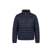 Dunkelblaue, gesteppte Polyester-Daunenjacke mit Stehkragen und Calvin Klein Logo auf der linken Brust, Größe L