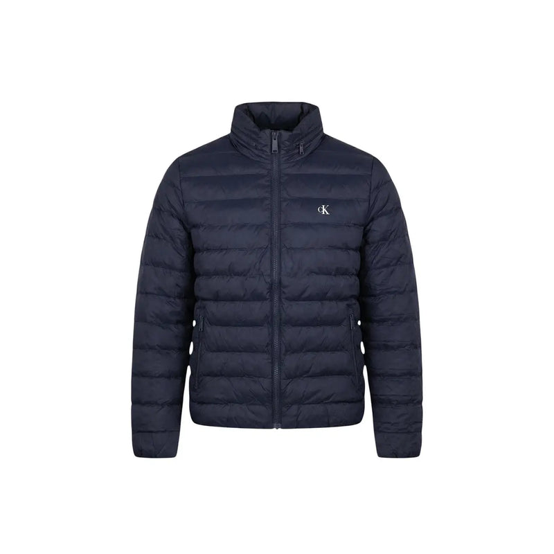 Dunkelblaue, gesteppte Polyester-Daunenjacke mit Stehkragen und Calvin Klein Logo auf der linken Brust, Größe L