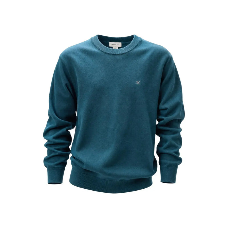 Calvin Klein Jeans men green cotton crewneck knitwear with a teal color and subtle white embroidered logo on chest