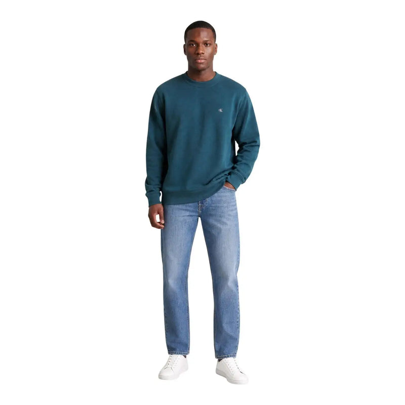 Calvin Klein Jeans men green cotton crewneck knitwear with long sleeves and small embroidered logo on left chest