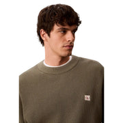 Calvin klein jeans men green cotton waffle knit sweater with olive green knit crewneck and chest logo emblem