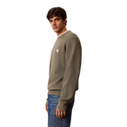 Calvin Klein Jeans men green cotton waffle knit sweater with olive green texture and small white logo patch on chest