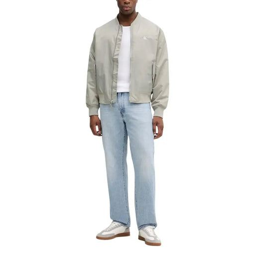 Calvin Klein Jeans men green polyamide zip blazer with light beige bomber jacket featuring subtle embroidered logo on chest