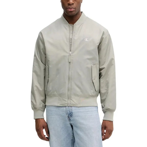 Calvin Klein Jeans men green polyamide zip blazer with light beige bomber style and subtle embroidered logo on chest
