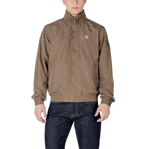 Calvin klein jeans men tan polyamide zip-up jacket with subtle chest logo and elastic cuffs