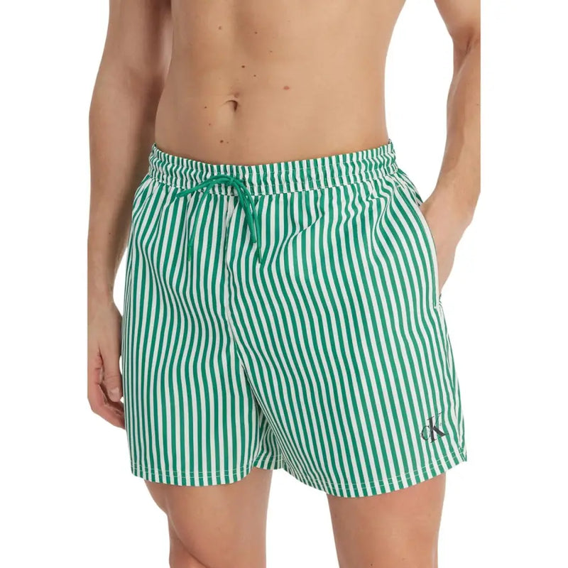 Calvin Klein Jeans Graue Herren-Badeshorts aus Polyester mit grün-weißen, vertikalen Streifen und passendem Kordelzugbund