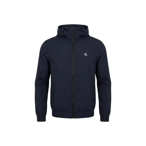 Navy blue Calvin Klein Jeans men hooded zip-up jacket in polyester with white logo on chest for casual wear