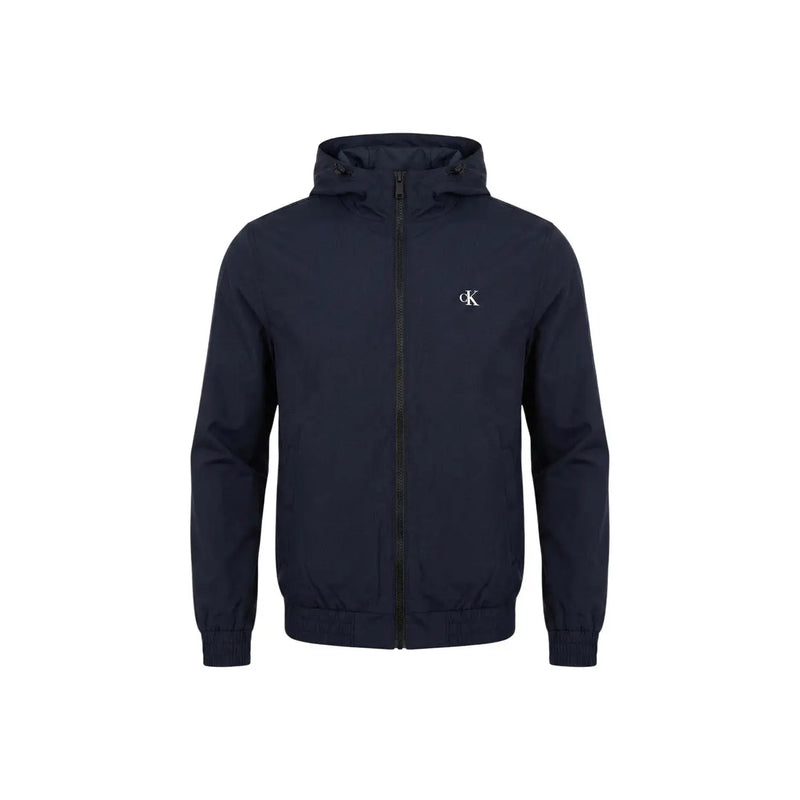 Navy blue Calvin Klein Jeans men hooded zip-up jacket in polyester with white logo on chest for casual wear