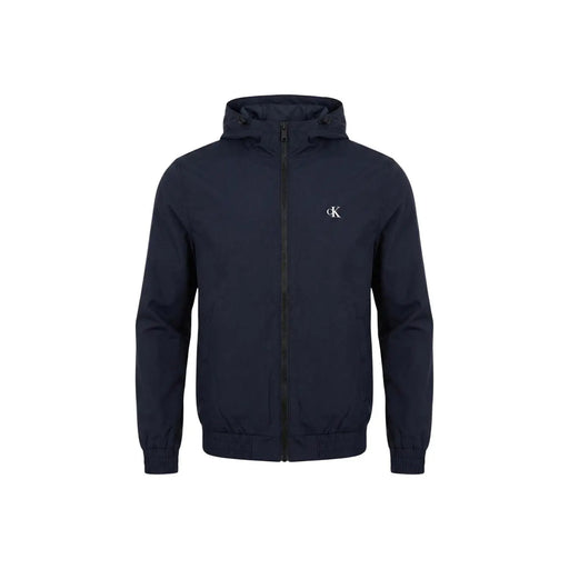 Navy blue Calvin Klein Jeans men hooded zip-up jacket in polyester with white logo on chest for casual wear