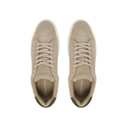 Calvin Klein Jeans men leather sneakers in beige suede with white rubber soles and olive green heel accents