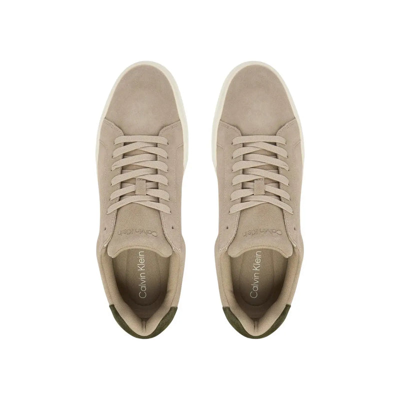 Calvin Klein Jeans men leather sneakers in beige suede with white rubber soles and olive green heel accents