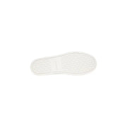 White rubber sole with geometric tread and embossed calvin klein jeans branding on black leather men sneakers heel