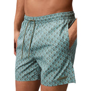 Calvin Klein Jeans Herren-Badeshorts aus hellblauem Polyester mit grauem Rumpf, hellblauem geometrischem Muster und olivgrünem Kordelzug