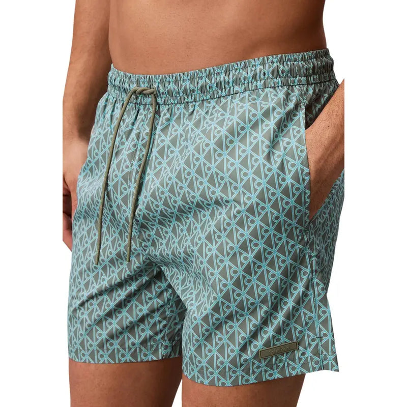 Calvin Klein Jeans Herren-Badeshorts aus hellblauem Polyester mit grauem Rumpf, hellblauem geometrischem Muster und olivgrünem Kordelzug