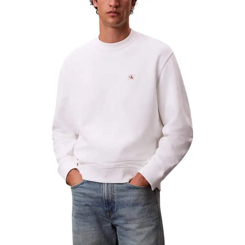 Calvin Klein Jeans Herren-Sweatshirt aus weißer Baumwolle mit Rundhalsausschnitt und kleinem, gesticktem Logo auf der linken Brustseite