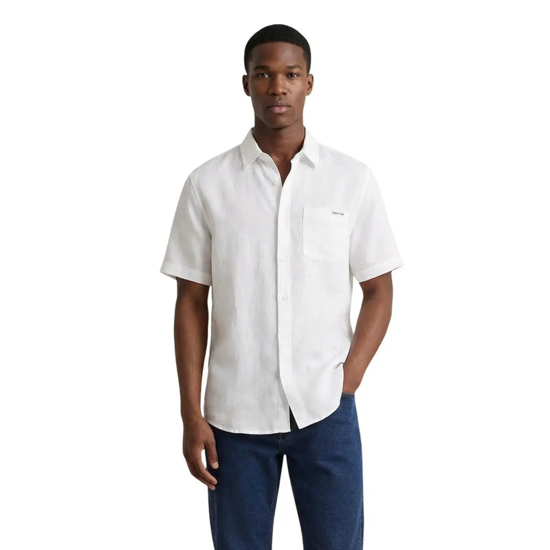 Calvin Klein Jeans men shirt white short-sleeved button-up with chest pocket and subtle brand logo