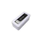 White calvin klein rectangular tin box with clear window displaying black and white cotton socks in beige gift box
