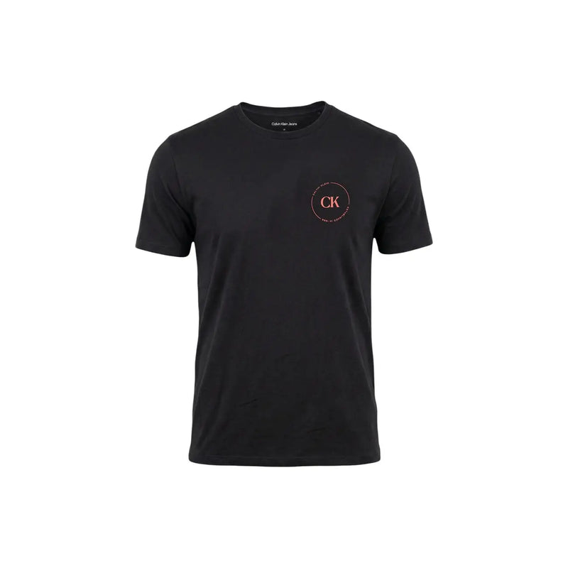 Black Calvin Klein Jeans men t-shirt featuring a subtle pink circular logo on the chest for casual wear