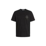 Schwarz Calvin Klein Jeans Herren-T-Shirt mit weißem, gesticktem Logo auf der linken Brust, aus Baumwolle, Rundhalsausschnitt