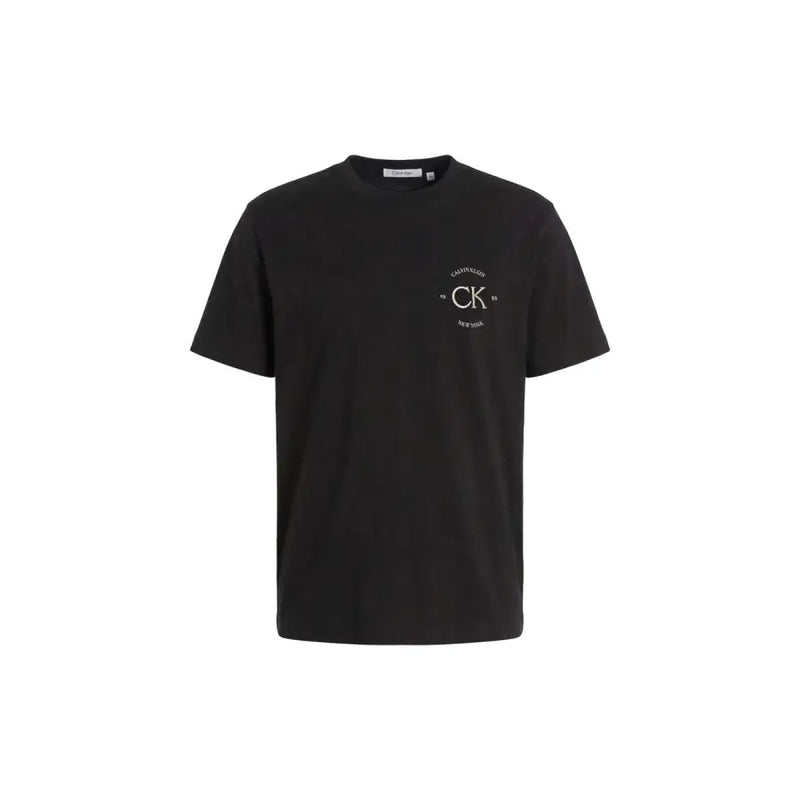 Schwarz Calvin Klein Jeans Herren-T-Shirt mit weißem, gesticktem Logo auf der linken Brust, aus Baumwolle, Rundhalsausschnitt