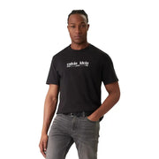 Schwarzes Baumwoll-T-Shirt von Calvin Klein mit Jeansmotiv und weißem Calvin Klein New York City Logo auf der Brust