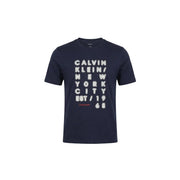 Navy blue Calvin Klein Jeans men t-shirt with bold white graphic print featuring Calvin Klein New York City est 1968 text