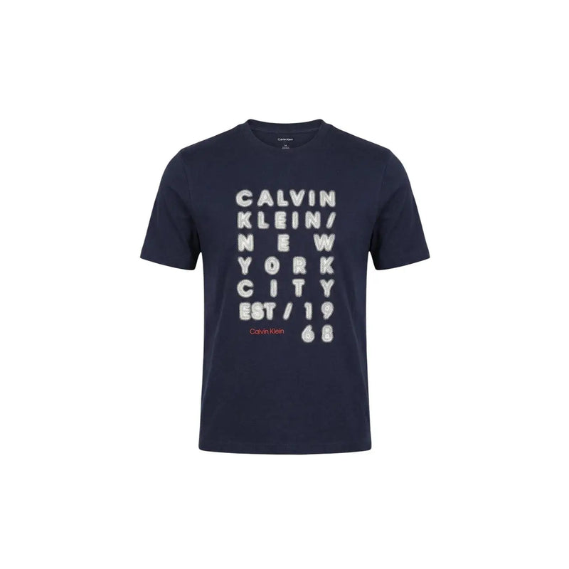 Navy blue Calvin Klein Jeans men t-shirt with bold white graphic print featuring Calvin Klein New York City est 1968 text