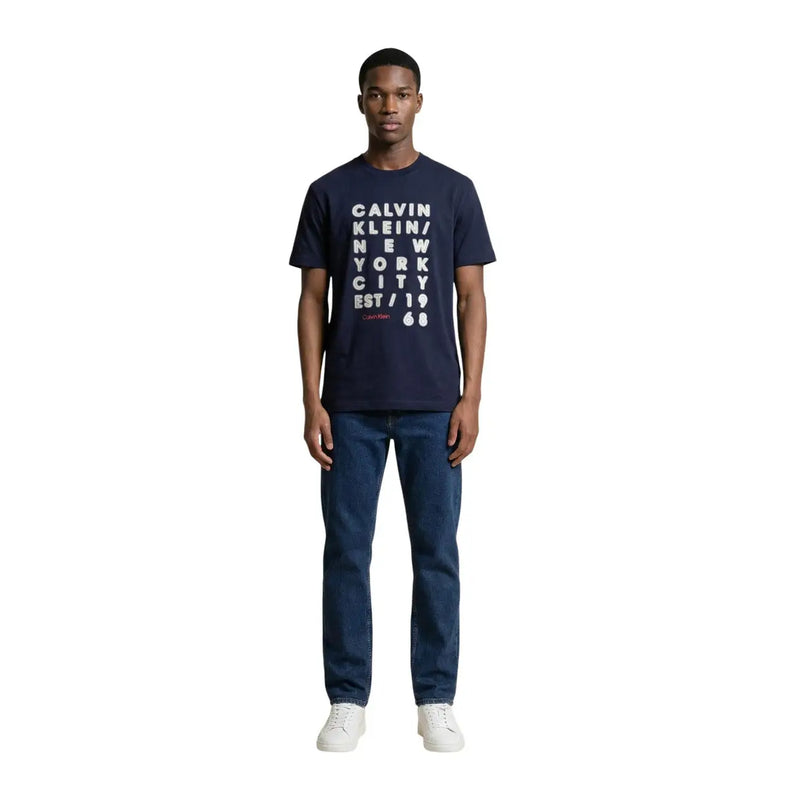 Navy blue Calvin Klein Jeans men t-shirt with white Calvin Klein New York City est logo printed on the front