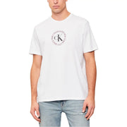 White cotton Calvin Klein Jeans men t-shirt featuring a circular logo with black and gray text on the front